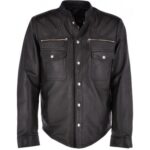 Elegant Men's Black Leather Shirt - Finely Crafted Real Sheepskin