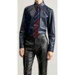 Men's Formal Wear Real Sheepskin Navy Blue Leather Shirt - Elegant Sophistication