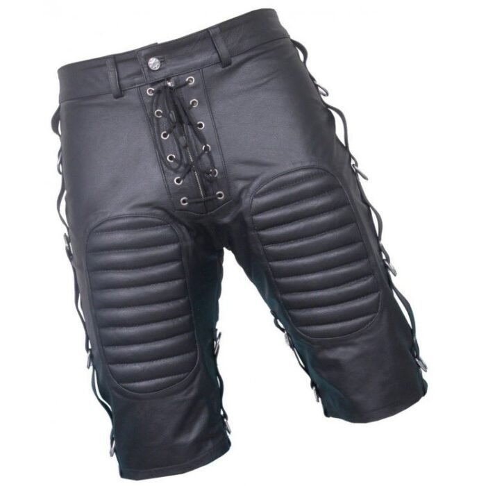 Mens Front Lace Up Quilted Real Sheepskin Black Leather Shorts