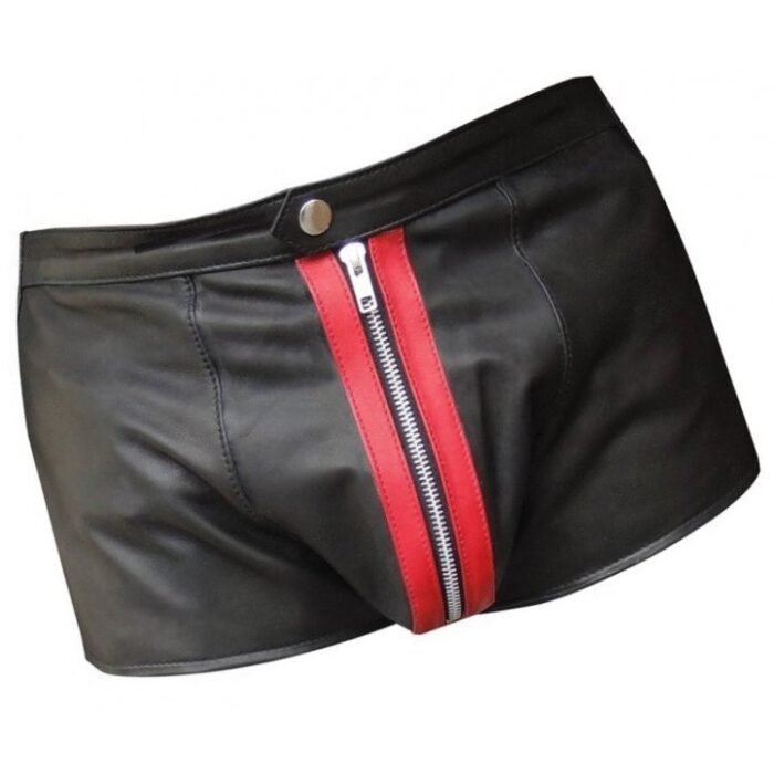 Mens Front Red Panel Real Sheepskin Black Leather Shorts