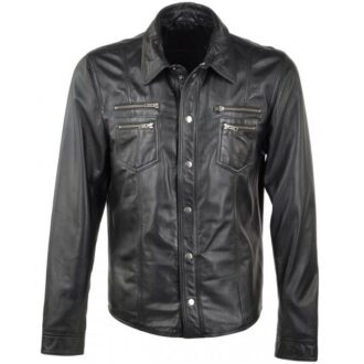 Mens Glamorous Look Real Sheepskin Black Leather Shirt