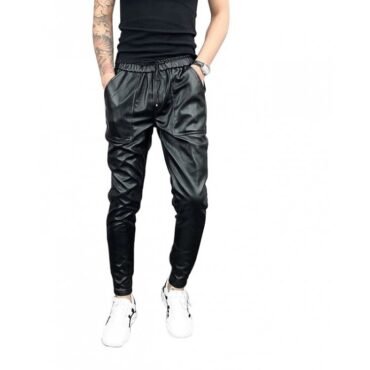 Mens Hip Hop Elastic Waist Genuine Black Leather Harem Joggers Pants