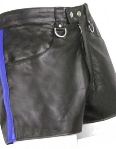 Mens Hot Blue Strip Real Sheepskin Black Leather Shorts