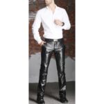 Men's Officewear Skinny Real Black Leather Pants Trousers - Sleek Professionalism