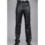 Men's Regular Straight Flat Black Leather Motorcycle Pants - Classic Comfort