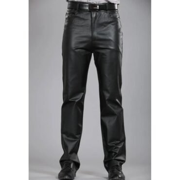 Mens Regular Straight Flat Black Leather Motorcycle Pants