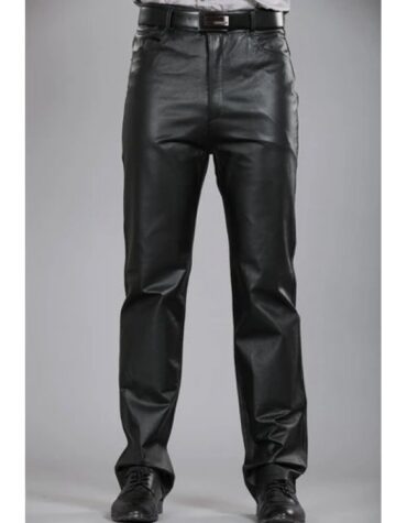 Mens Regular Straight Flat Black Leather Motorcycle Pants