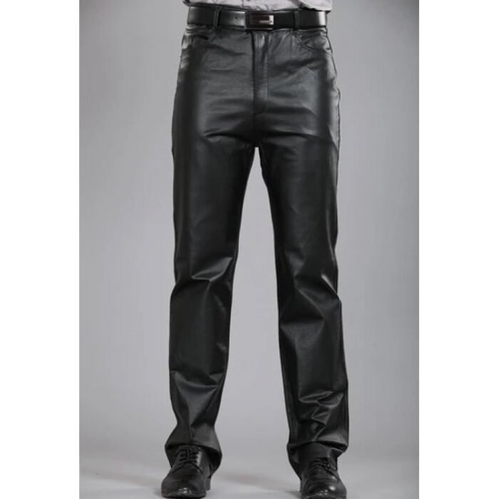 Mens Regular Straight Flat Black Leather Motorcycle Pants