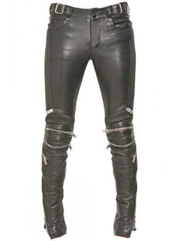 Mens Rockstar Style Genuine Black Leather Biker Pant