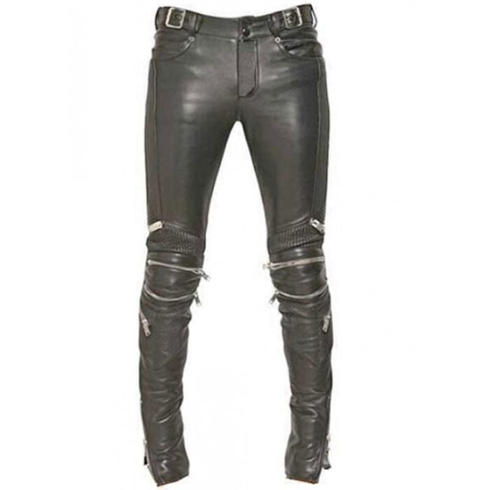 Mens Rockstar Style Genuine Black Leather Biker Pant