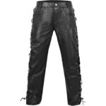 Men's Side Laces Thick Black Genuine Leather Motorcycle Pants - Robust Rider