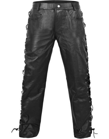 Mens Side Laces Thick Black Genuine Leather Motorcycle Pants