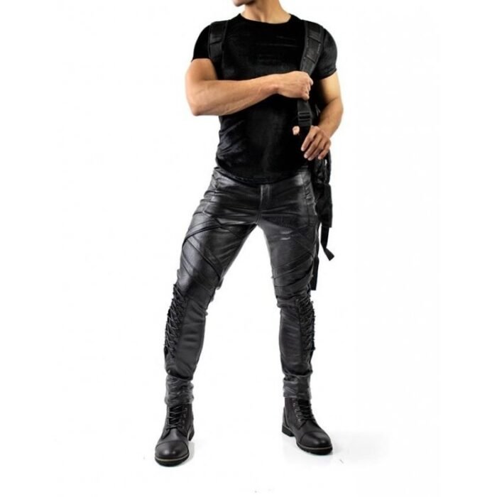 Mens Slim Fit Lace-Up Black Leather Moto Pants