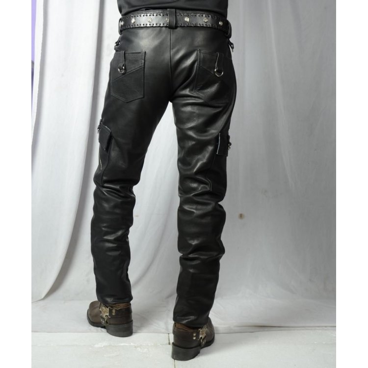 vrouw Mysterieus Vergelijkbaar Mens Slim Fit Pure Black Leather Cargo Biker Pant - Mready