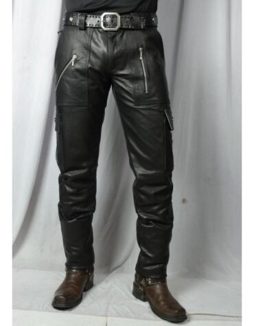 Mens Slim Fit Pure Black Leather Cargo Biker Pant
