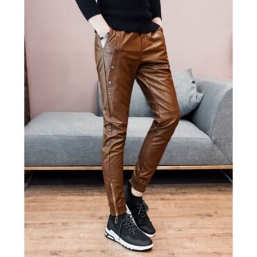 Mens Slim Fit Stripes Brown Leather Gay Trousers Motorcycle Pants