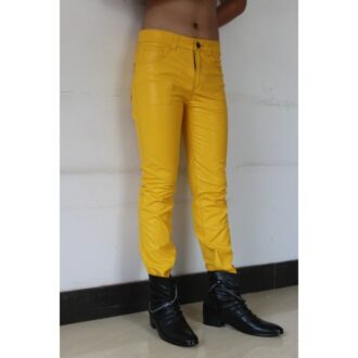 Mens Slim Singer Costumes Yellow Leather Boots Trousers Pants