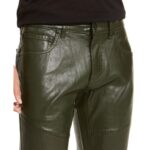 Men's Slim Straight Fit Pure Olive Green Leather Pants - Stylish Sophistication