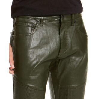 Mens Slim Straight Fit Pure Olive Green Leather Pants