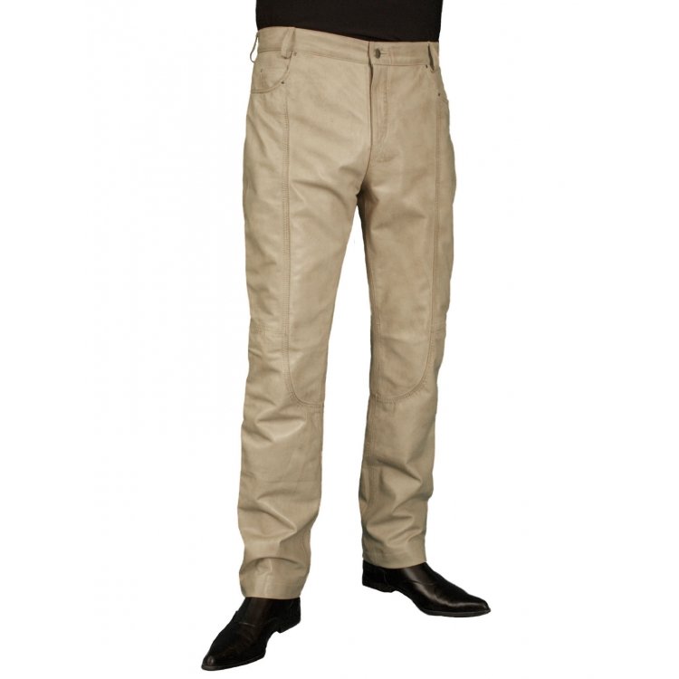 Mens Smart Casual Beige Leather Trousers Jeans Pants - Mready