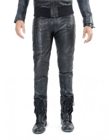 Mens Soft Lambskin Black Leather Biker Moto Pants
