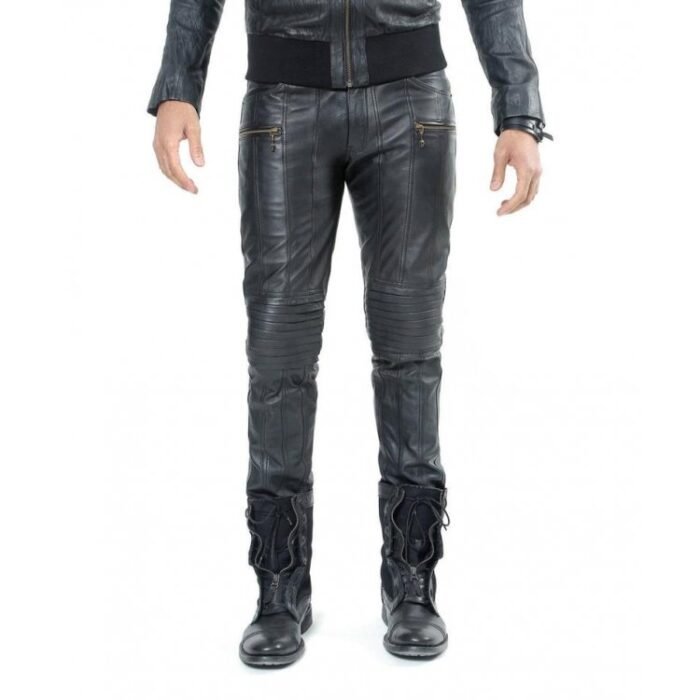 Mens Soft Lambskin Black Leather Biker Moto Pants