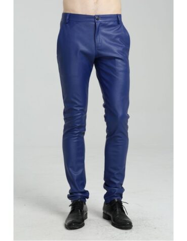 Mens Spring Casual Slim Fit Blue Leather Long Trouser Pants