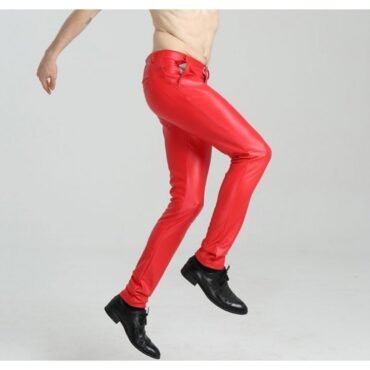 Mens Spring Casual Slim Fit Red Leather Long Trouser Pants