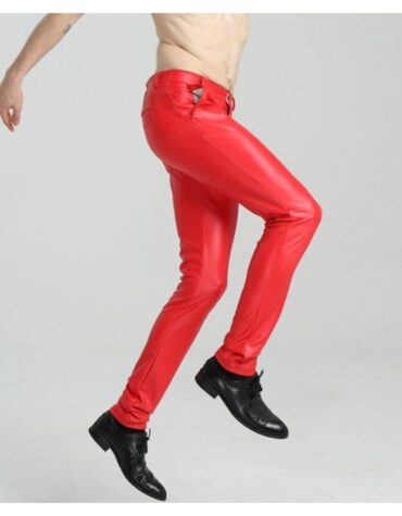 Mens Spring Casual Slim Fit Red Leather Long Trouser Pants