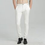 Men's Spring Casual Slim Fit White Leather Long Trouser Pants - Crisp Elegance