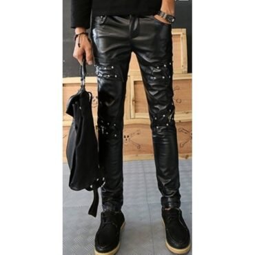 Mens Straight Style Singer Rivets Black Leather Pants