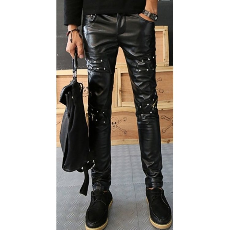 Rebellious Style: Men's Straight Style Singer Rivets Black Leather ...