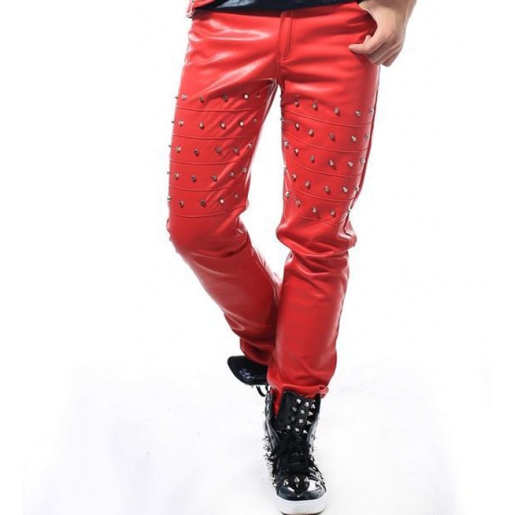 Bold and Edgy: Men's Straight Style Singer Rivets Red Leather Pants ...