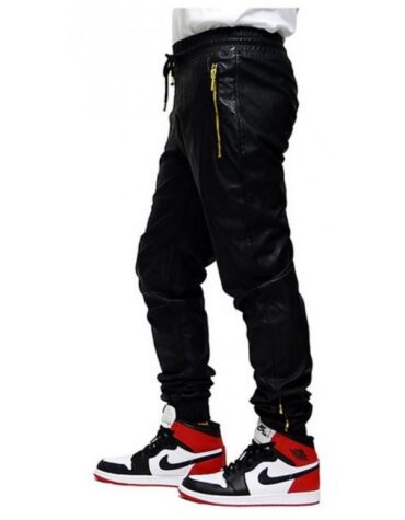 Mens Style Custom Made Leather Sweat Pants in Black