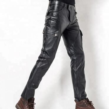 Mens Stylish Casual Genuine Black Leather Biker Pants