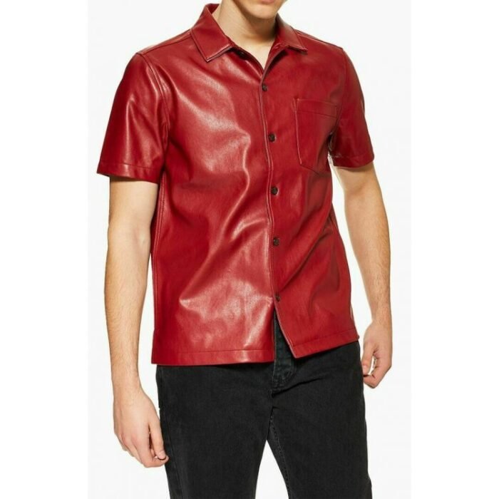 Mens Stylish Short Sleeve Real Sheepskin Red Leather Shirt