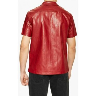 Mens Stylish Short Sleeve Real Sheepskin Red Leather Shirt