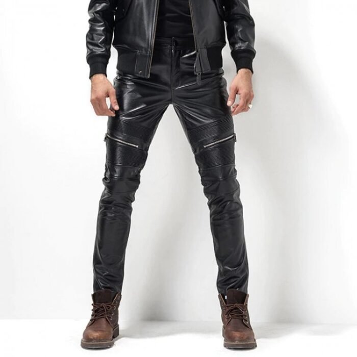 Mens Tight Gothic Black Leather Motorcycle Biker Pencil Pants
