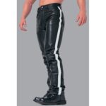 Men's White Stripes Real Black Leather Bikers Pant - Racing Elegance