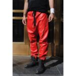 Men's Zipper Seam Detail Red Leather Drop Crotch Harem Joggers Pants - Urban Edge