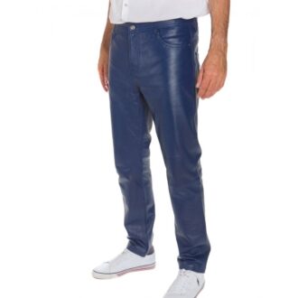 Mens Casual Semi Fitted Style Blue Leather Pants