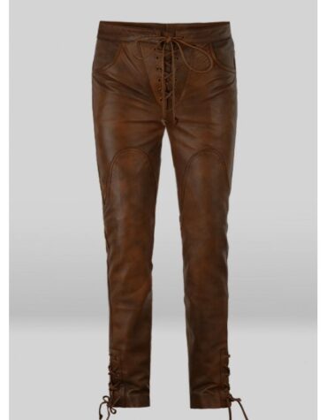 Vintage Style Cowboy Lace up Brown Leather Pants for Male