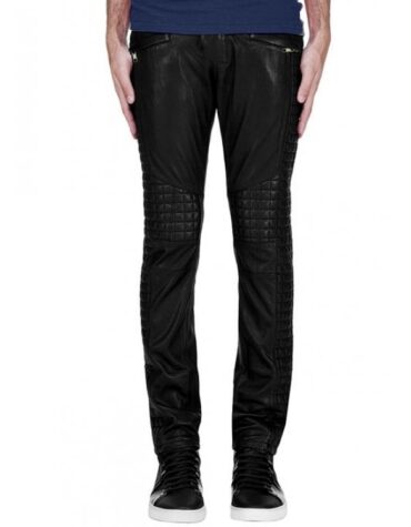 Waist Belted Black Leather Biker Pants for Men