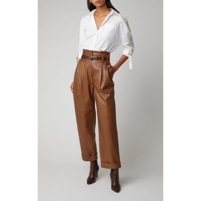 Women High Rise Paper Bag Style Real Brown Leather Pants