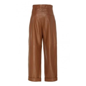 Women High Rise Paper Bag Style Real Brown Leather Pants