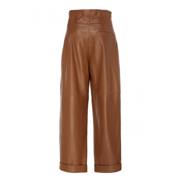 Trendy High Rise Paper Bag Style Brown Leather Pants for Women | Free ...
