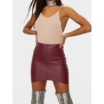 Women's Fashion Asymmetric Panel Burgundy Leather Mini Skirt