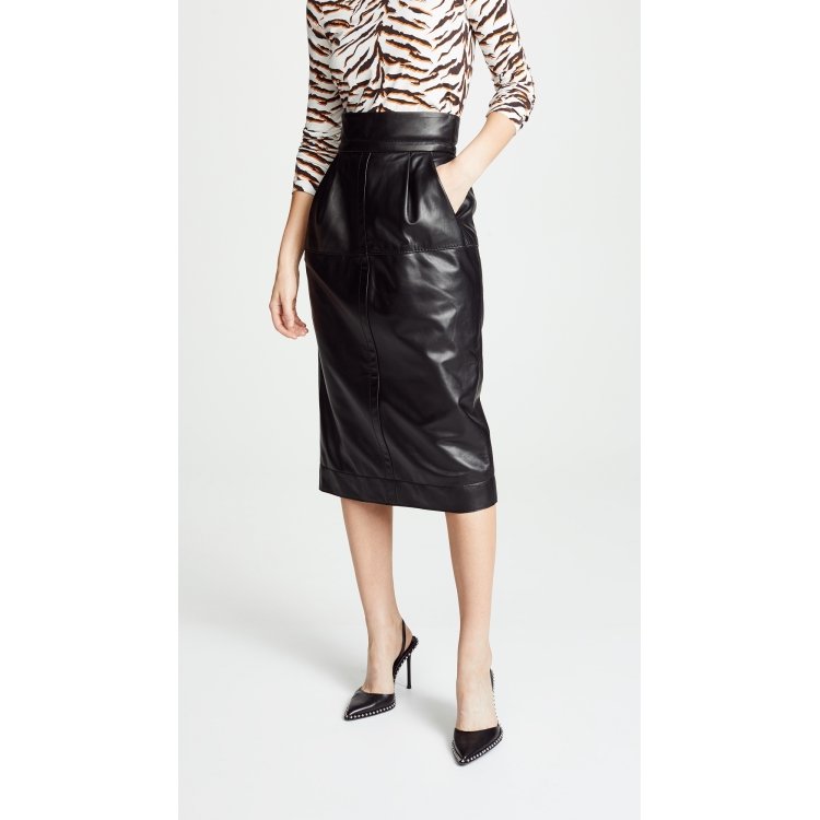 Shop Women's High Waisted Pure Black Leather Midi-Length Skirt | Free ...