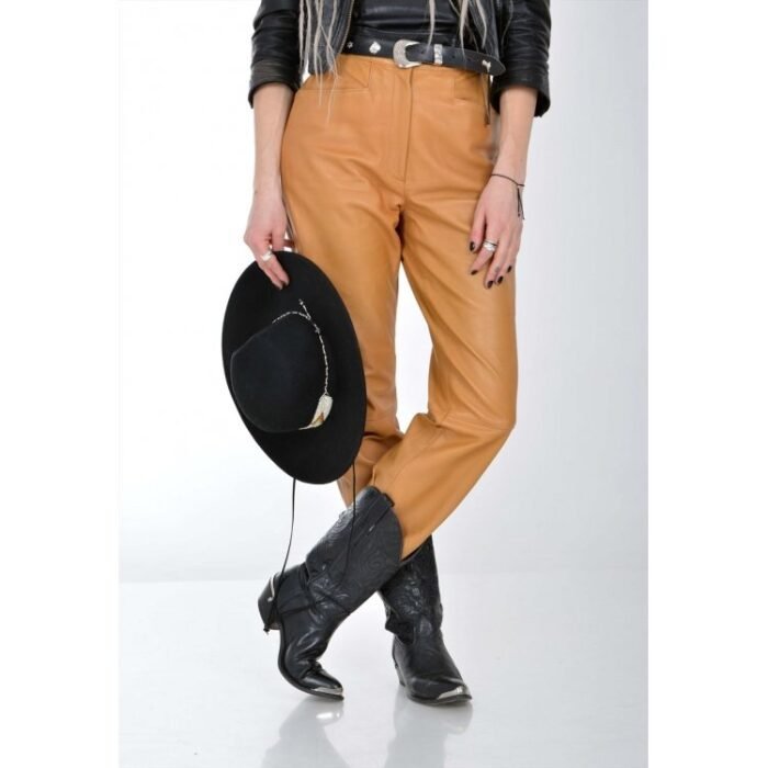 Womens Vintage Real Leather High Waist Trousers Pant
