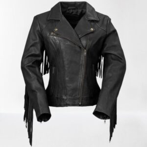 Women Black Leather Slim Fit Western Biker Jacket With Fringe Back